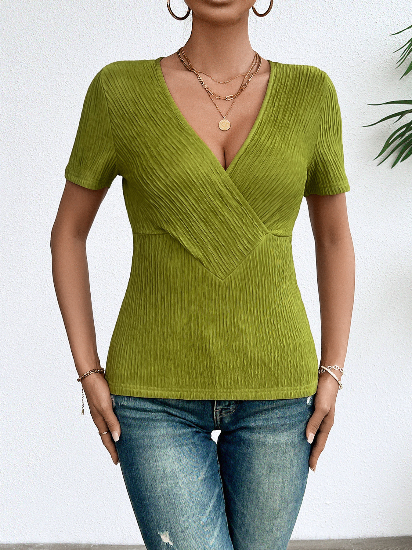Women’s Spring/Summer Elegant Ribbed Pullover Long Sleeve V-Neck Slim-Fit T-Shirt