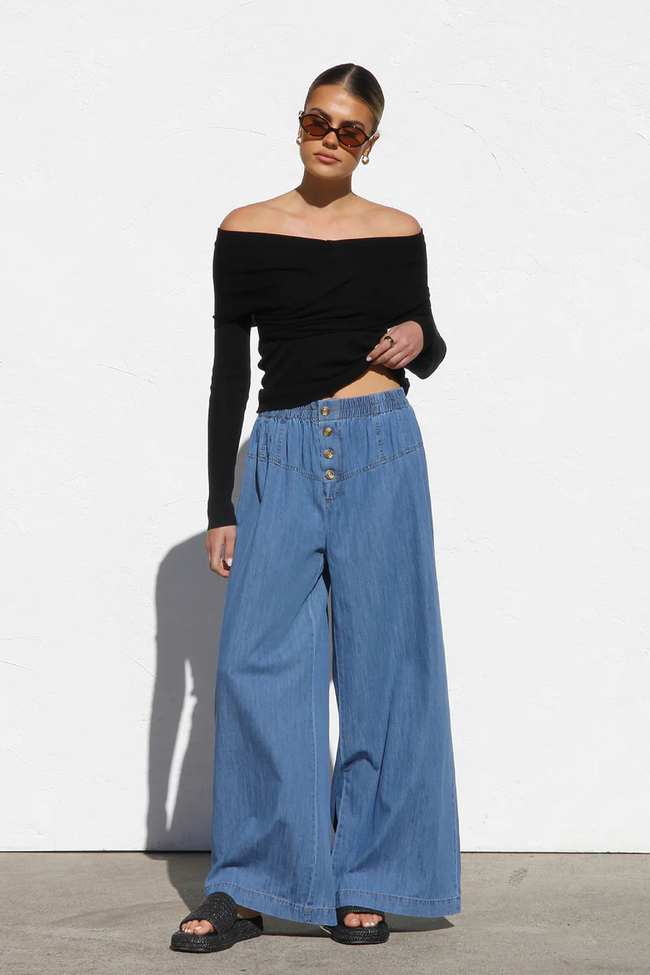 Women’s Spring/Summer Lightweight Elastic Waist Denim Long Pants – Drapey Vintage Wide-Leg Jeans