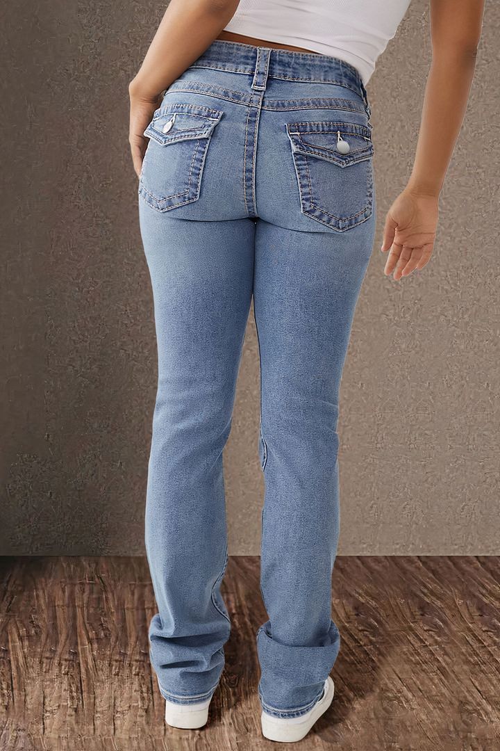 Women’s Spring/Summer Mid-Rise Double Button Straight-Leg Slim-Fit Jeans – Elegant Long Denim Pants