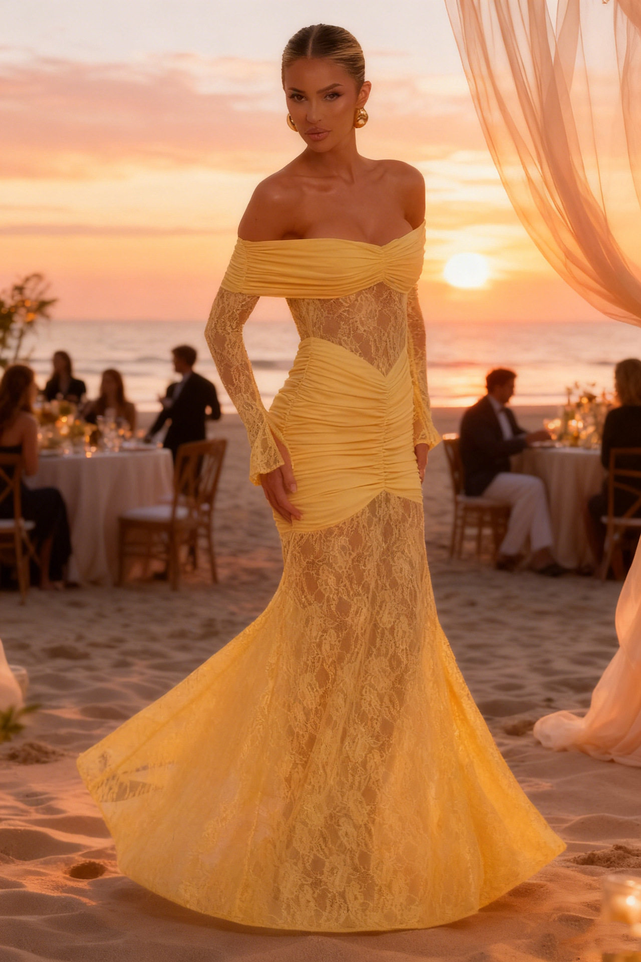 Women’s Elegant Lace Off-Shoulder Long Sleeve Backless Slim-Fit Maxi Dress – Fashion Sexy Style