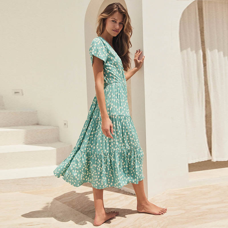 Women’s Spring/Summer New Arrival V-Neck Button Floral Short Sleeve Resort Casual Dress