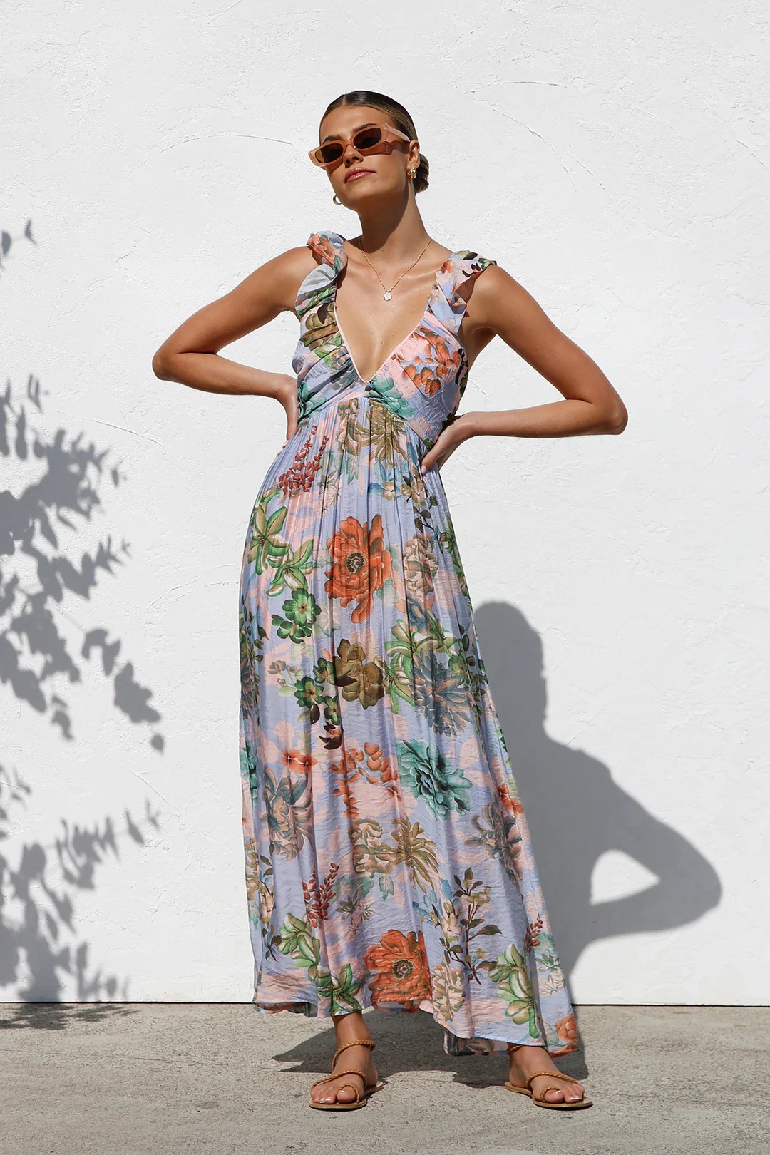Women’s Summer New Arrival Ins Style Printed V-Neck Flared Camisole Maxi Dress