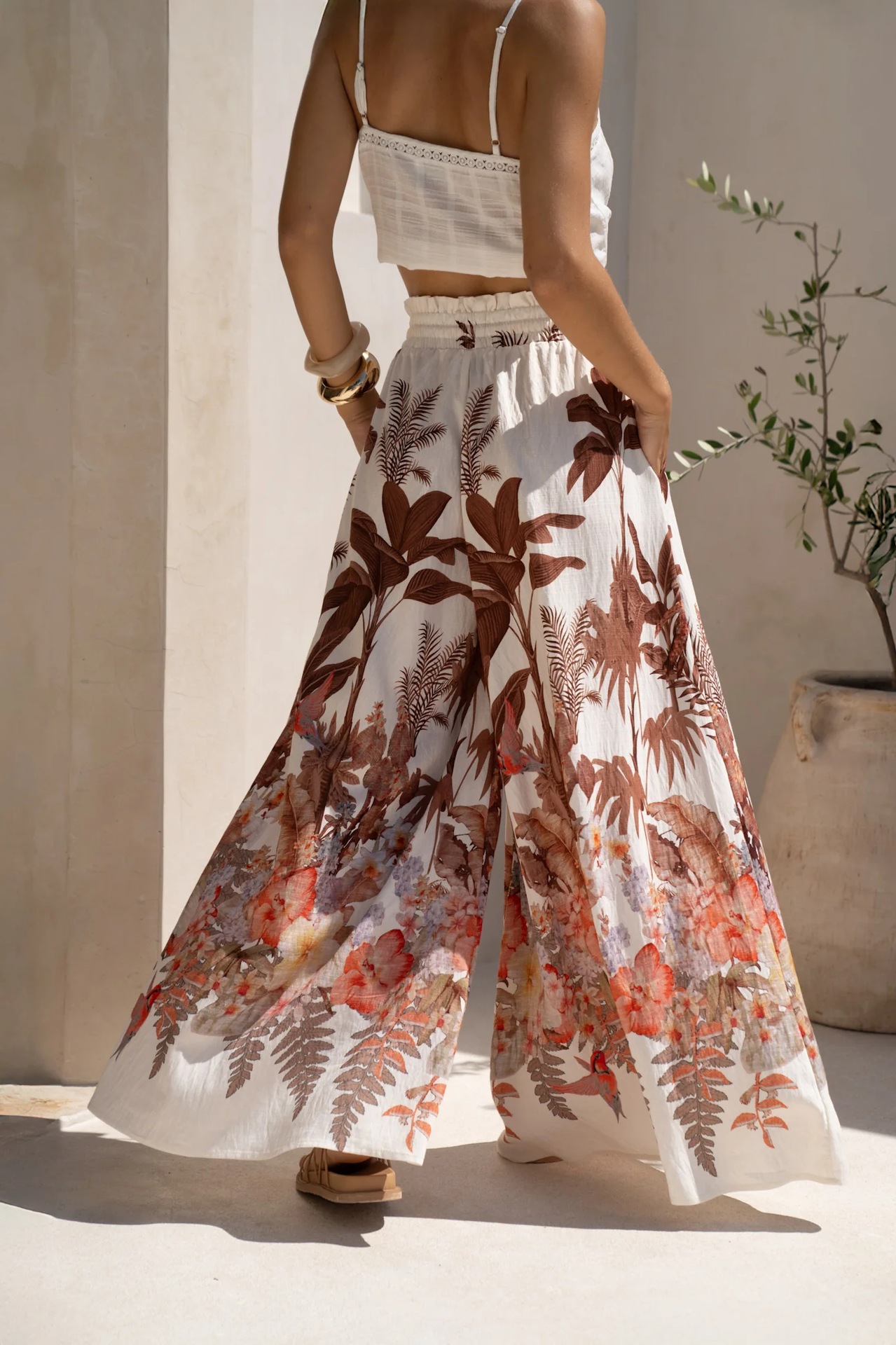 Women’s Summer New Arrival Leaf Print Loose Wide-Leg Casual Pants