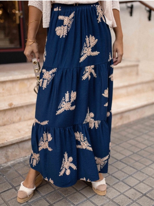 Women’s Fall New Arrival Elastic Waist Printed Flared Long Skirt