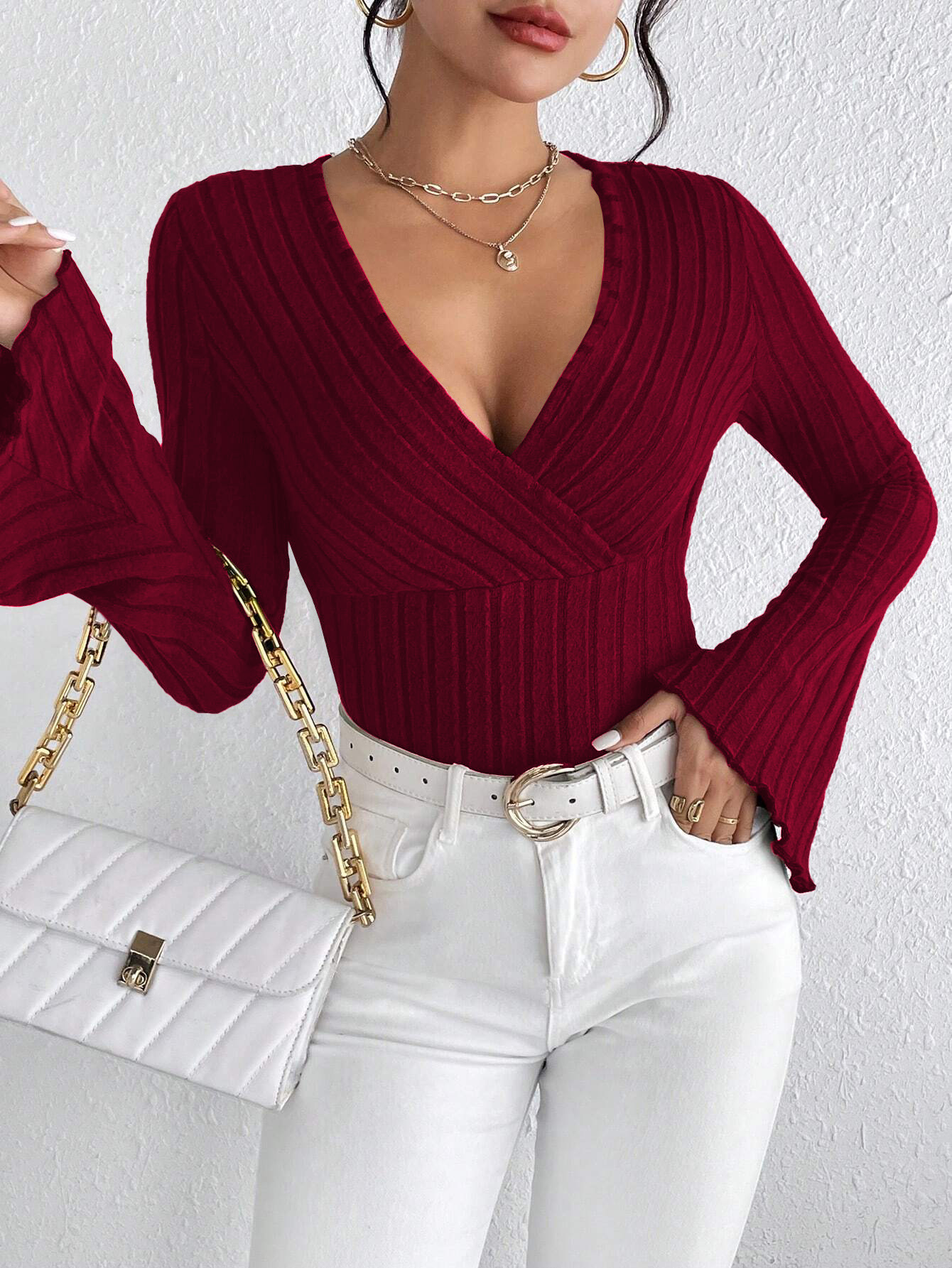 Women’s V-Neck Flare Sleeve Burgundy T-Shirt – Spring/Summer Slim-Fit Base Layer Top
