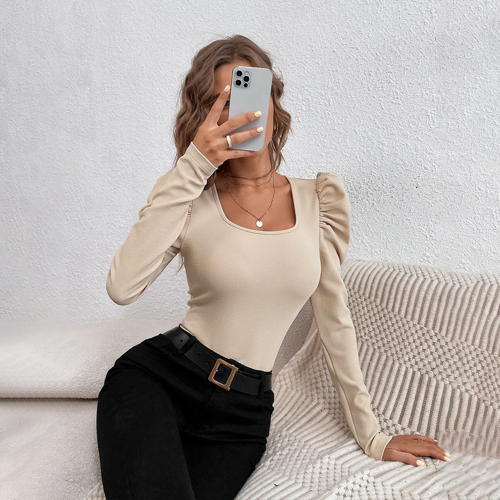 Women’s Fashion Square Neck Slim-Fit Leg-of-Mutton Sleeve Knit Long Sleeve T-Shirt – Commuter Top In Stock