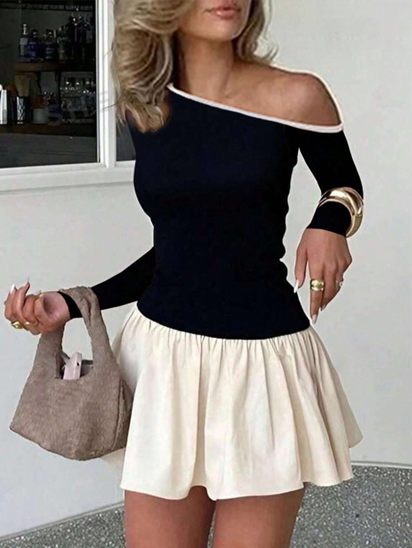 Women’s Ins Streetwear Style Asymmetric Neck T-Shirt – Spring/Summer Unique Designer Off-Shoulder Top