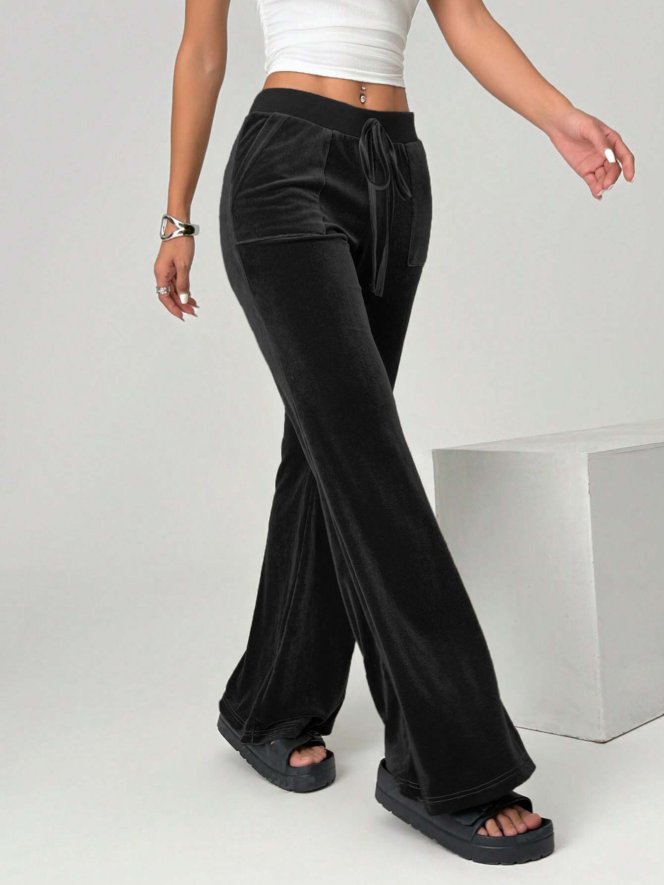 Women’s 2026 Minimalist Elegant Velvet Casual Pants – Spring/Summer Drawstring Slimming Wide-Leg Long Pants
