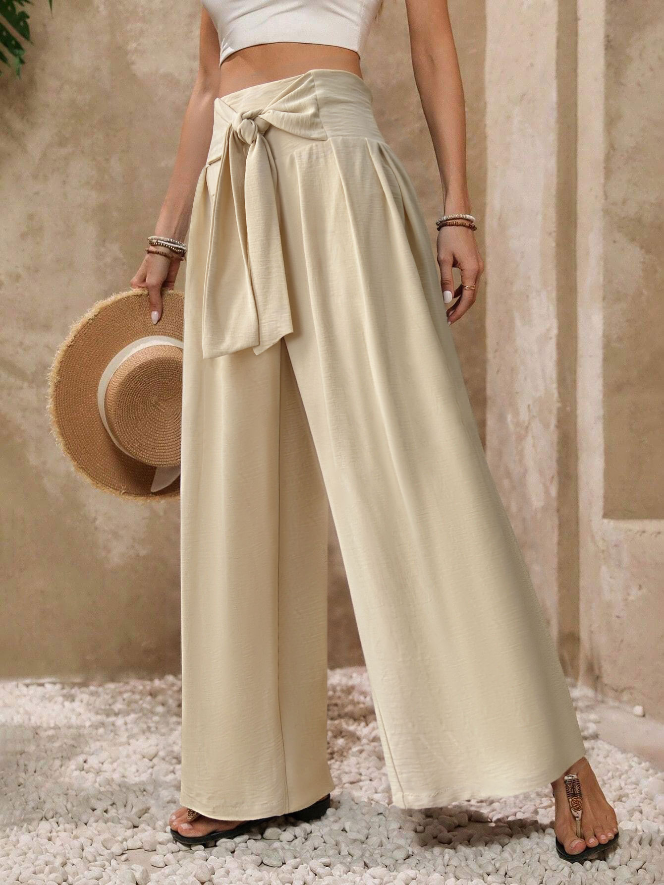 Women’s Fashion Summer New Arrival Solid Wide-Leg Pants – High-Waist Tie Design Unique Casual Draping Straight-Long Pants