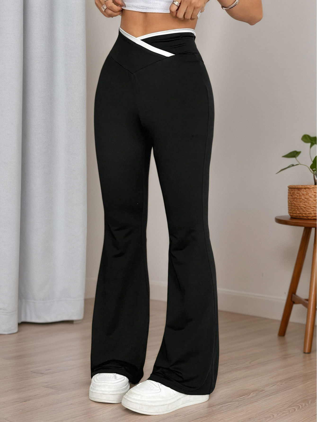 Women’s Cross Waistband Color-Block High-Waist Pants – Spring/Summer Knit Draping Micro-Flared Pants Slimming Stretch Flared Trousers