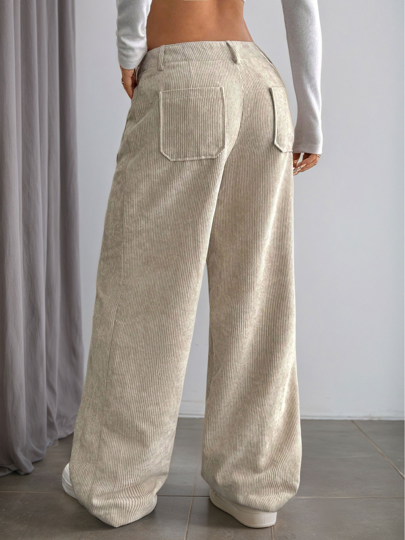 Women’s Corduroy Spring/Summer Dark Brown Vertical Stripe High-Waist Wide-Leg Loose Slimming Casual Pants
