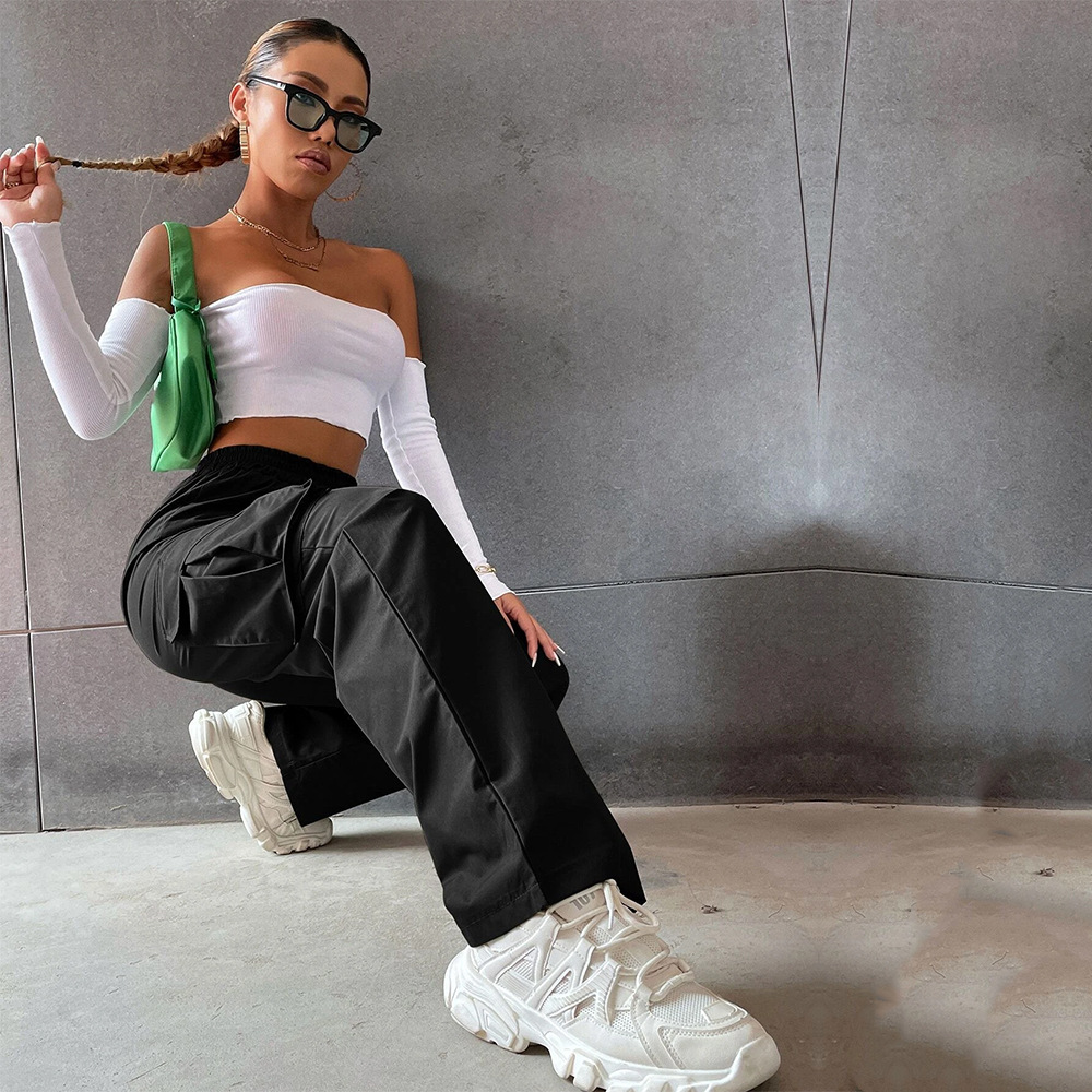Women’s 2026 New Arrival Ins Streetwear Fashion Solid Elastic Waist Pocket Casual Cargo Pants