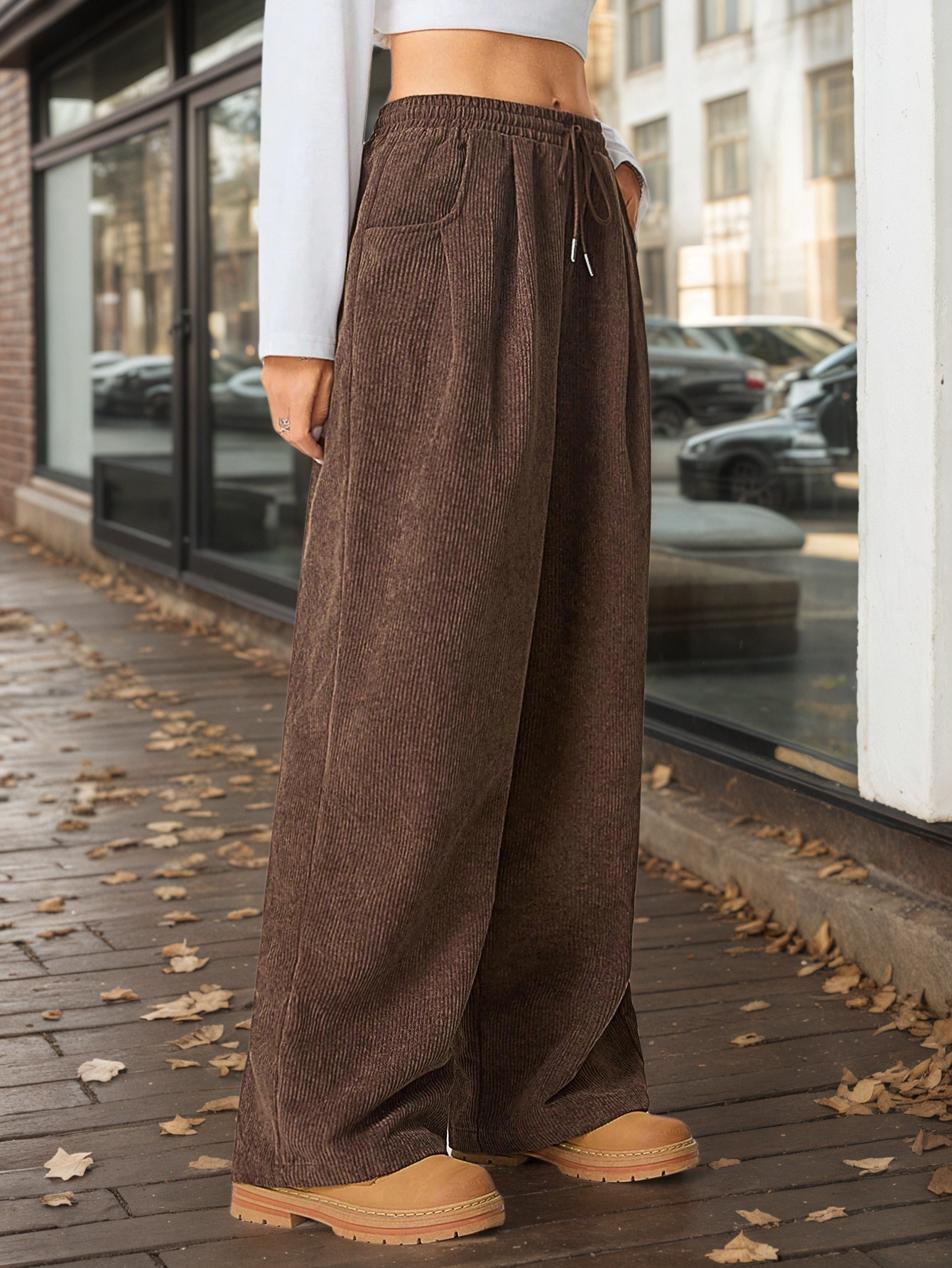 Women’s American Style Dark Brown Loose Casual Pants – Spring/Summer Draping Elastic Waist Wide-Leg Slimming Long Pants