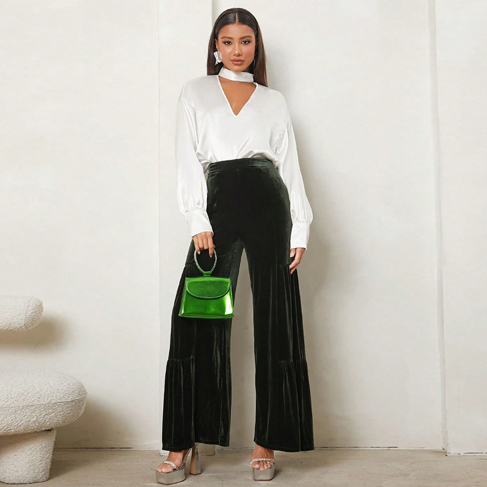 Women’s Fall/Winter Velvet Wide-Leg Pants – Ruffled High-Waist Straight Loose Slimming Elegant Long Pants