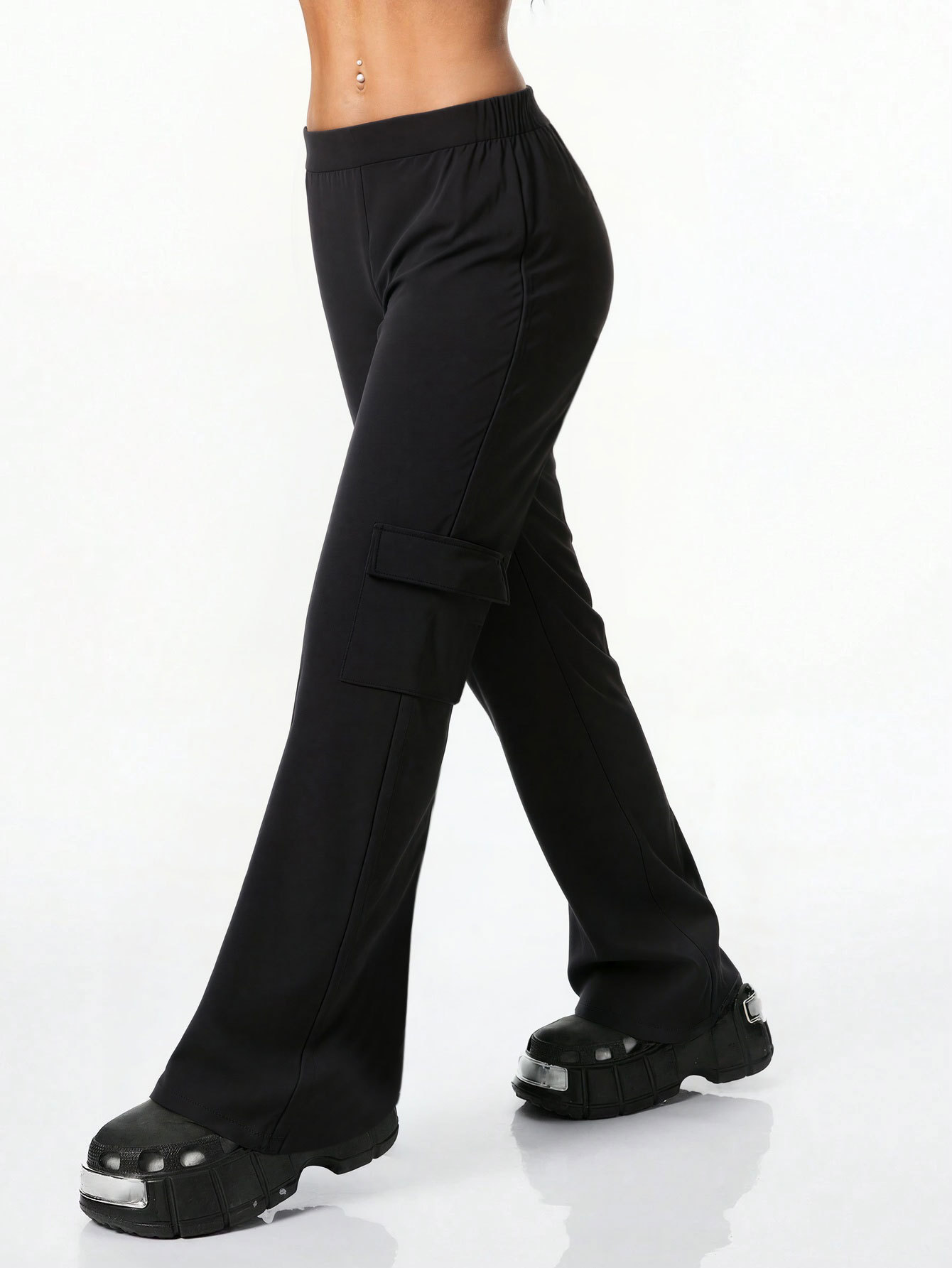 Women’s Black Spring/Fall New Arrival Pants – Elastic Waist Side Pocket Casual Fashion Flared Long Pants