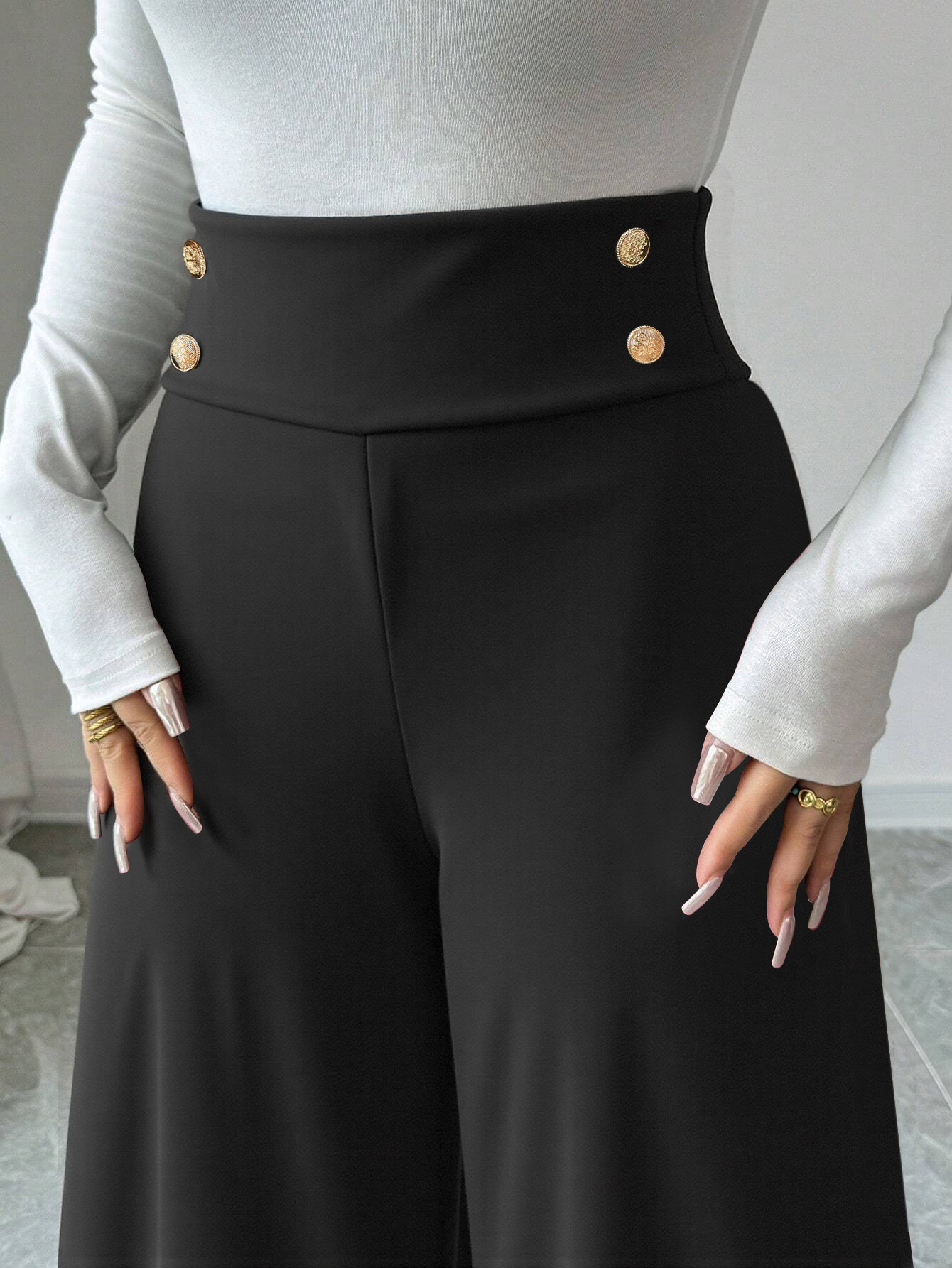 Women’s Black High-Waist Wide-Leg Pants – Slimming Draping Floor-Length Straight Pants with Metal Button Detail – Commuter Office Trousers