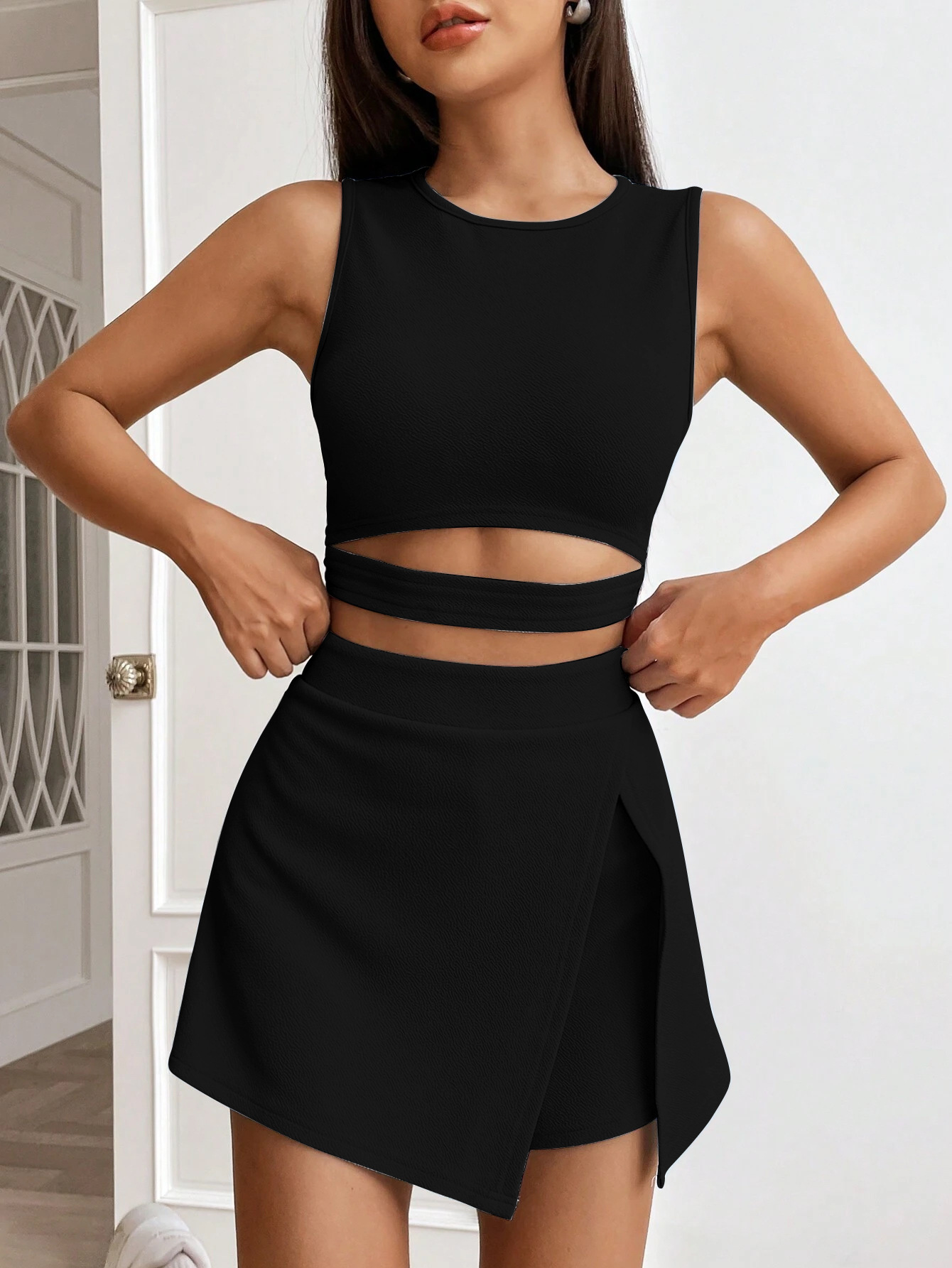 Women’s Cropped Crop Top Slim-Fit Sleeveless Knit Tank Top High-Waist Stretch Skirt Pants Fashion Set