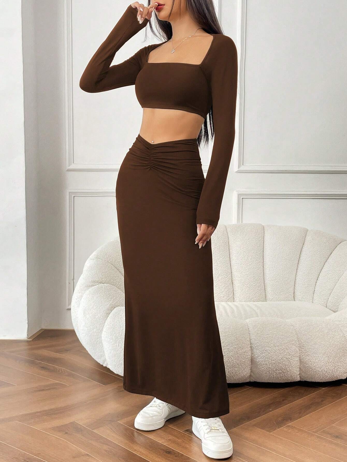 Women’s 2026 Spring/Summer New Arrival Minimalist Elegant Fashion Set – Crop Top Long Dress Two-Piece Set