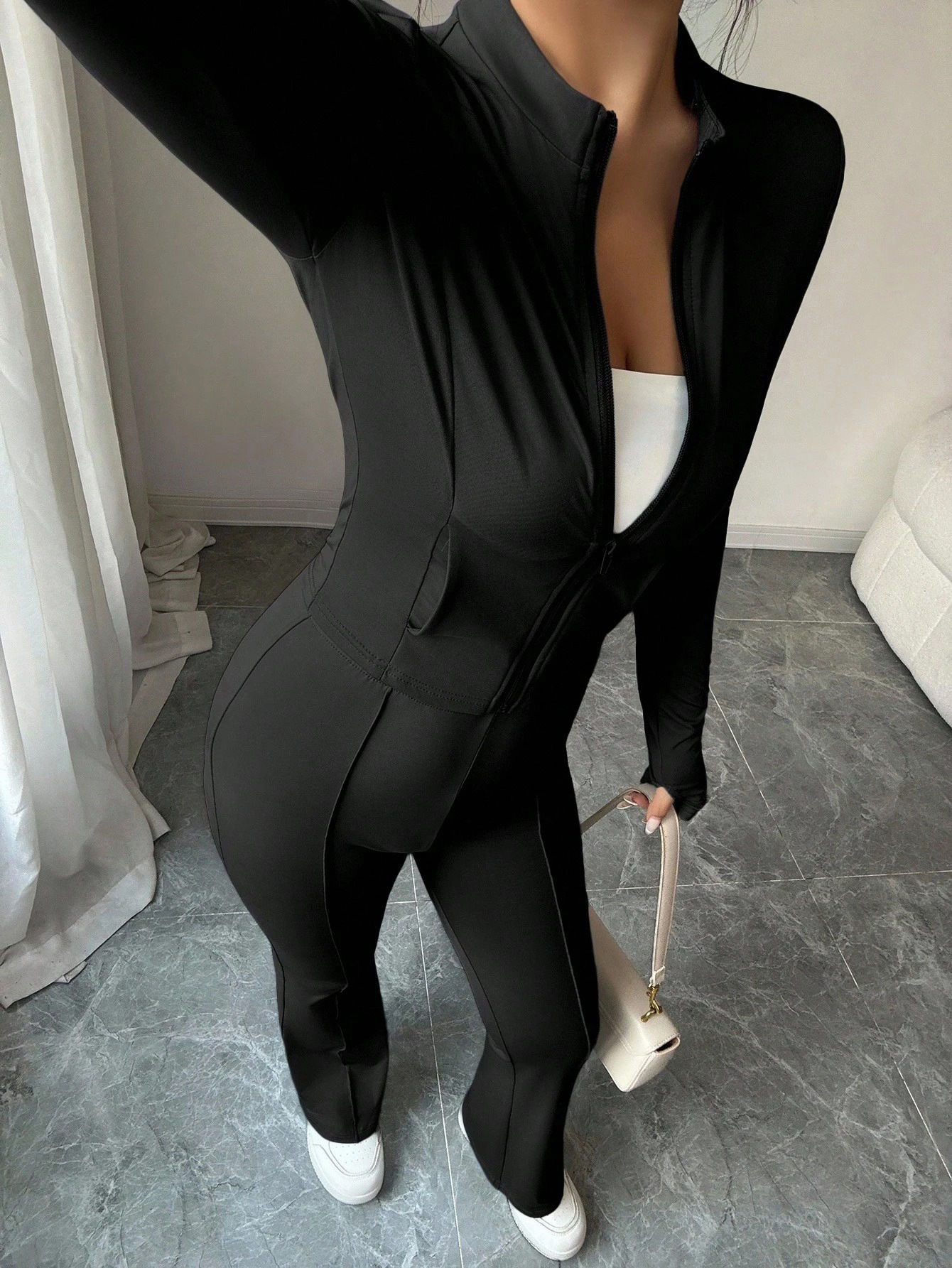 Women’s Black Stand Collar Top & Flared Pants Set – Slim-Fit Fashion Style