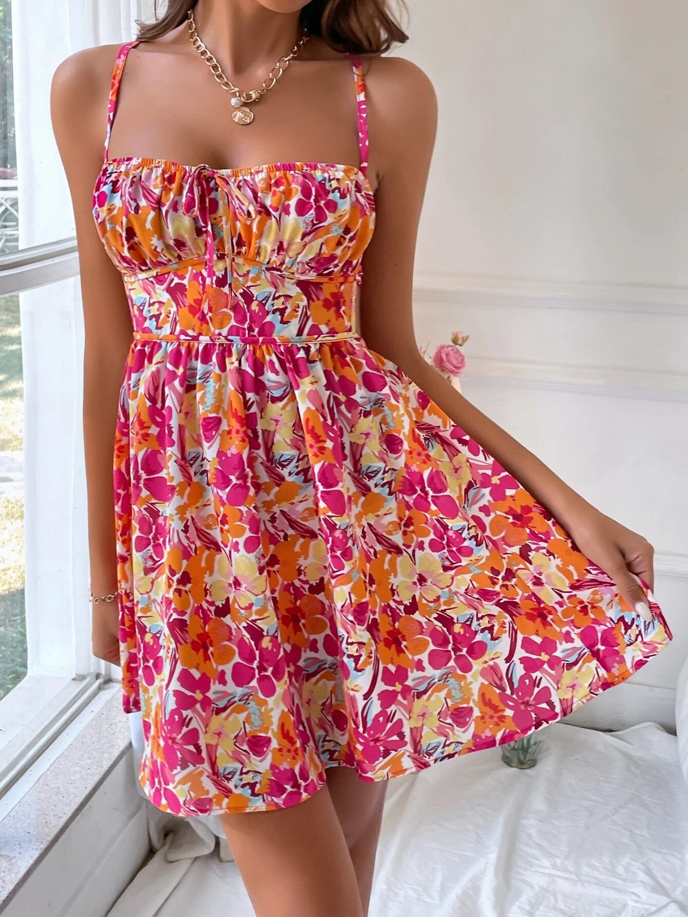 Women’s 2026 Resort Style Dress – Spring/Summer New Arrival Beach Vacation Floral Square Neck Short Dress