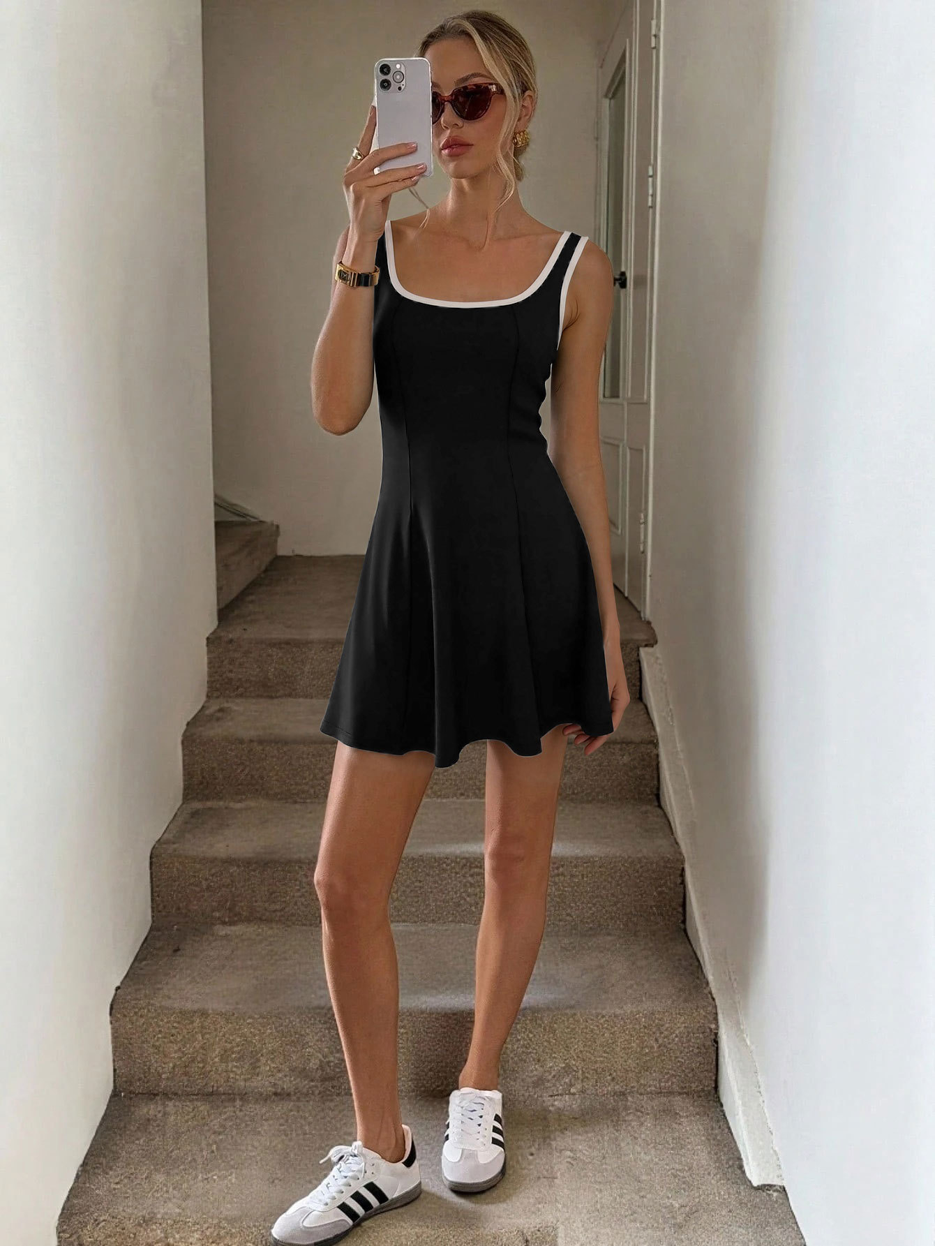 Women’s Summer New Arrival Sporty Style U-Neck Sleeveless Color-Bound Slimming A-Line Short Tennis Skirt Dress