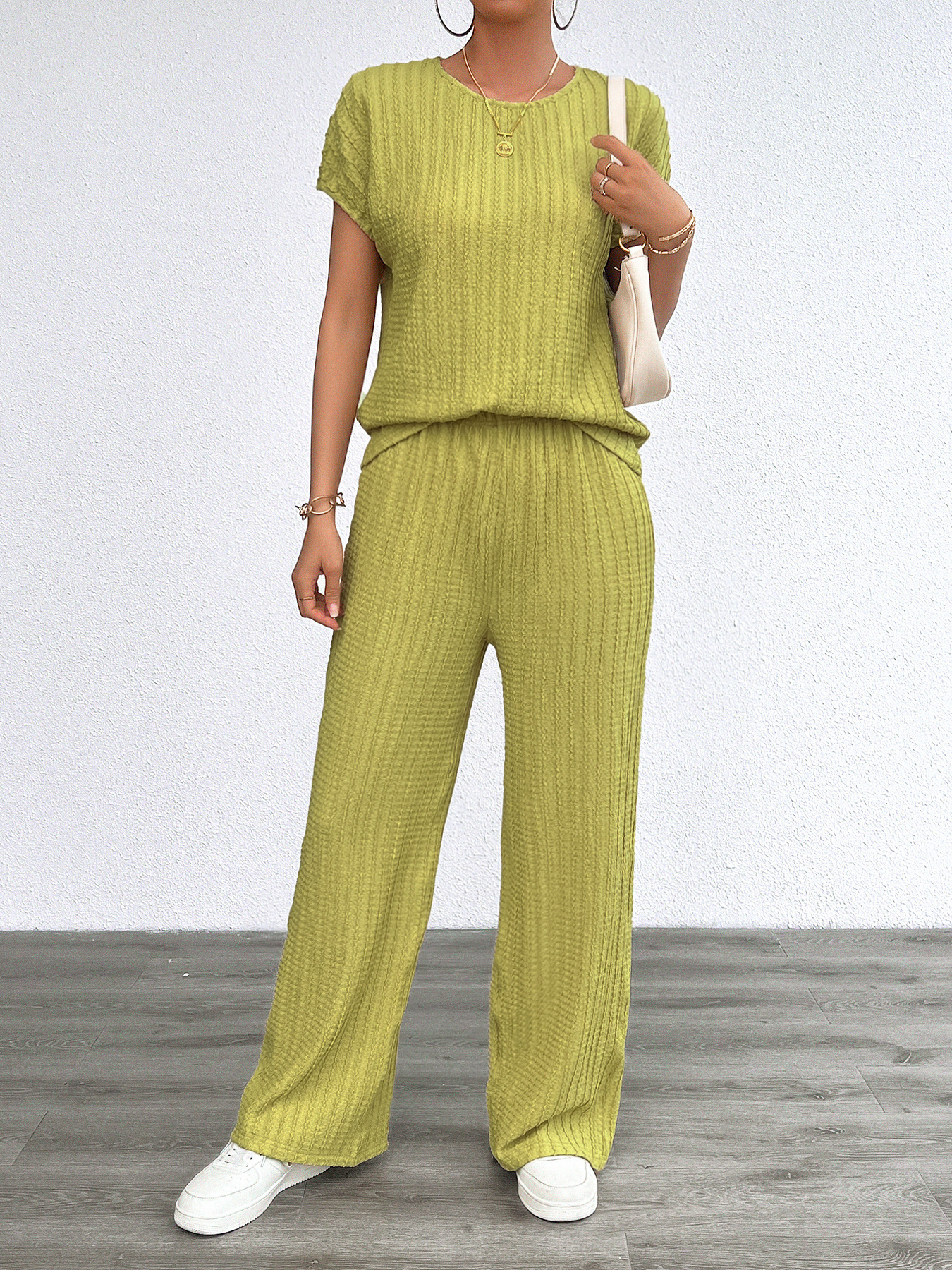 Women’s Summer Casual Fashion Two-Piece Set – Bestseller Ribbed Long Pants Lounge Set with Thousand-Leaf Pleat