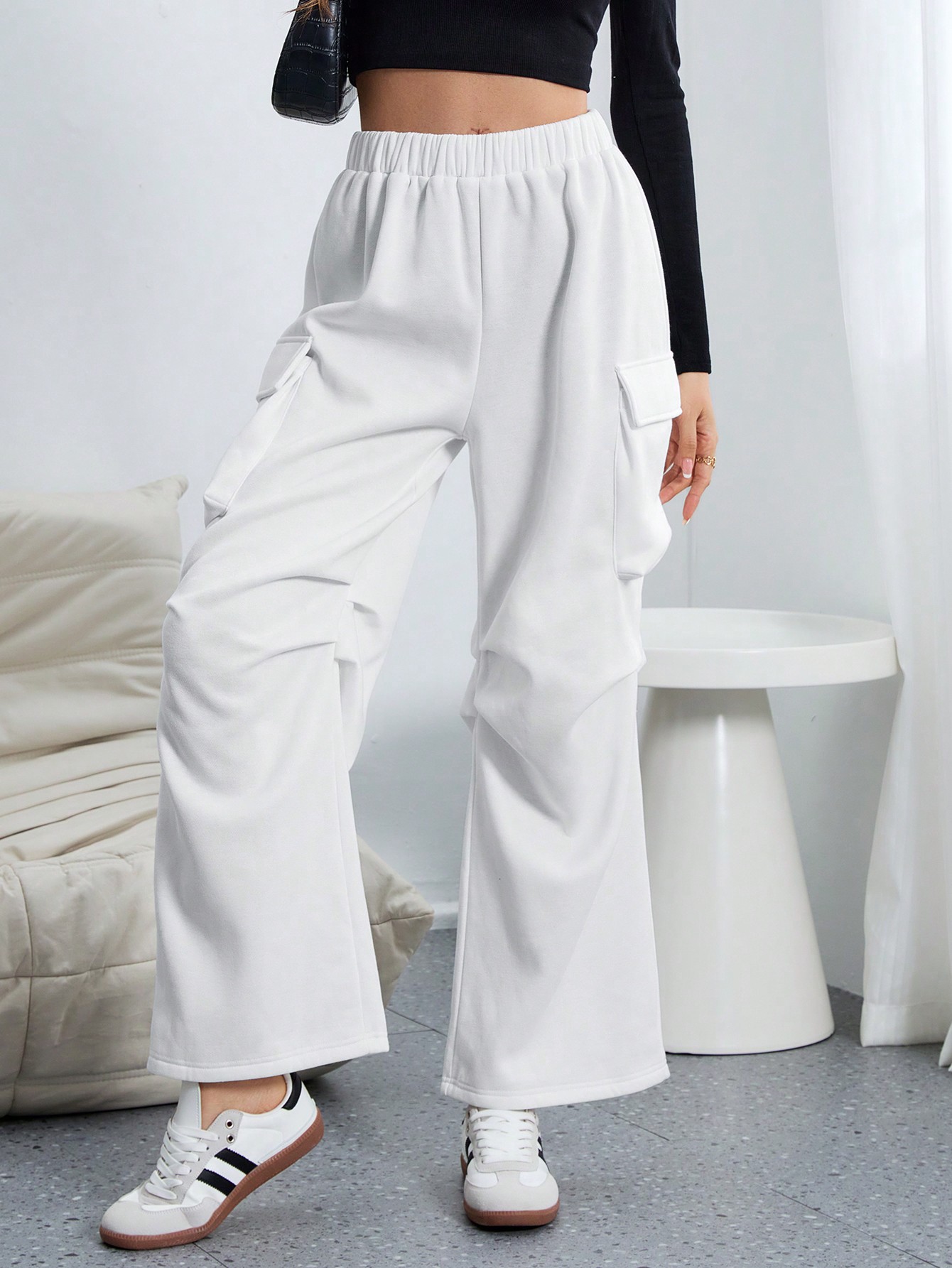 Women’s 2026 Fall/Winter Elastic Waist Cargo Pants – High-Street Loose Straight Wide-Leg Sports Casual Long Pants