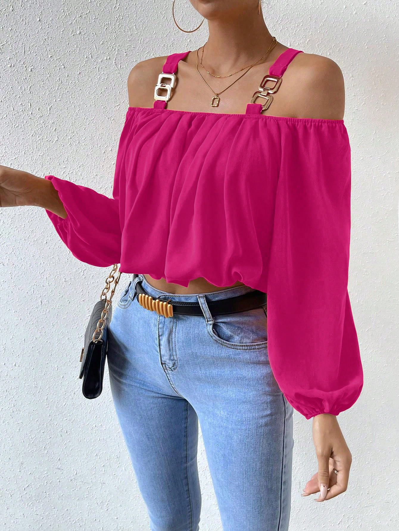 Women’s Bestseller 2026 Hot Girl Camisole Off-Shoulder Trendy Color Lantern Sleeve Loose Crop Top