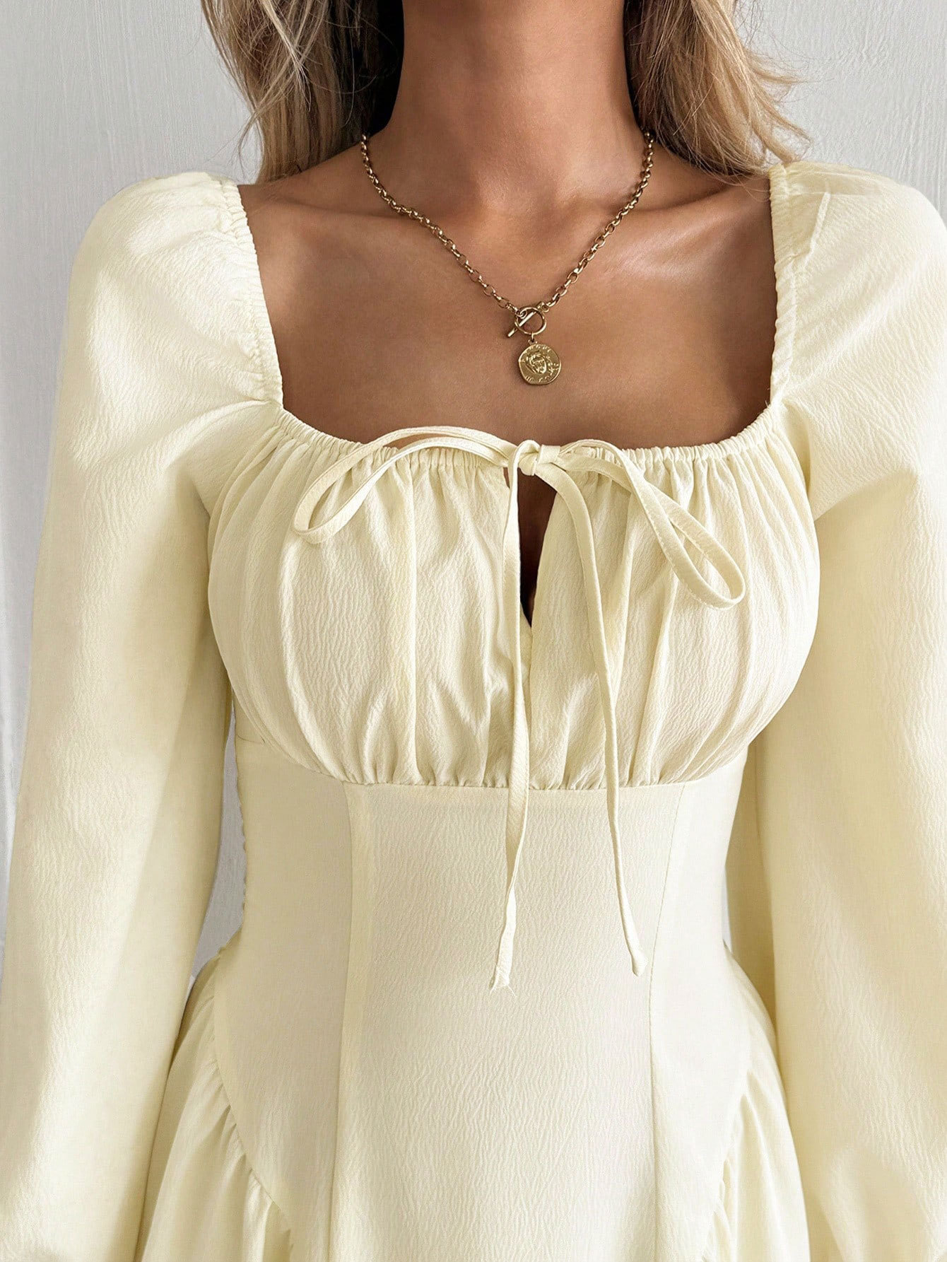 Women’s Soft Style Square Neck Tie Long Sleeve Dress – Ruched Waist-Cinching Slimming A-Line Flared Skirt