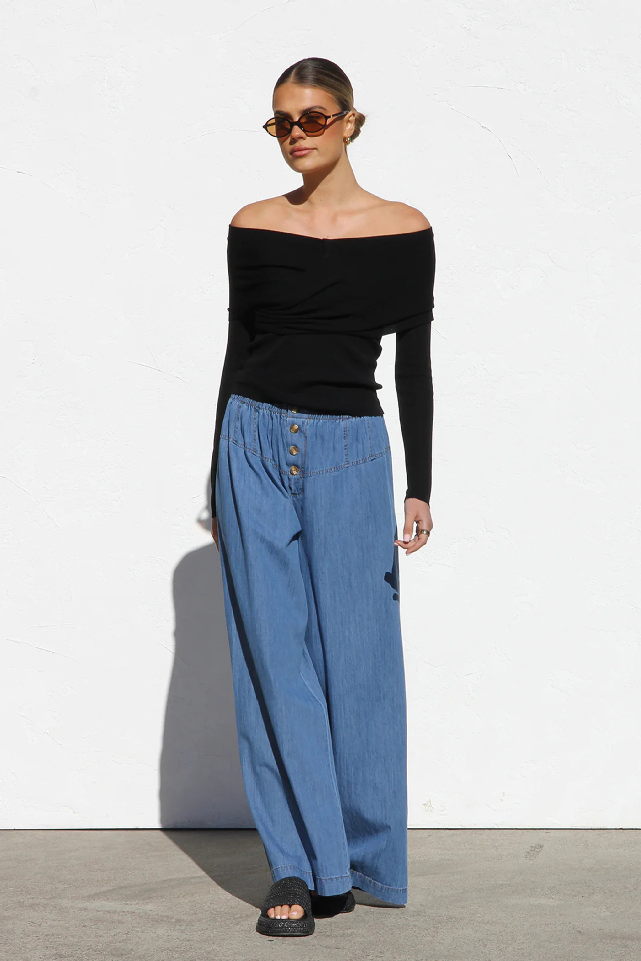 Women’s Spring/Summer Lightweight Elastic Waist Denim Long Pants – Drapey Vintage Wide-Leg Jeans