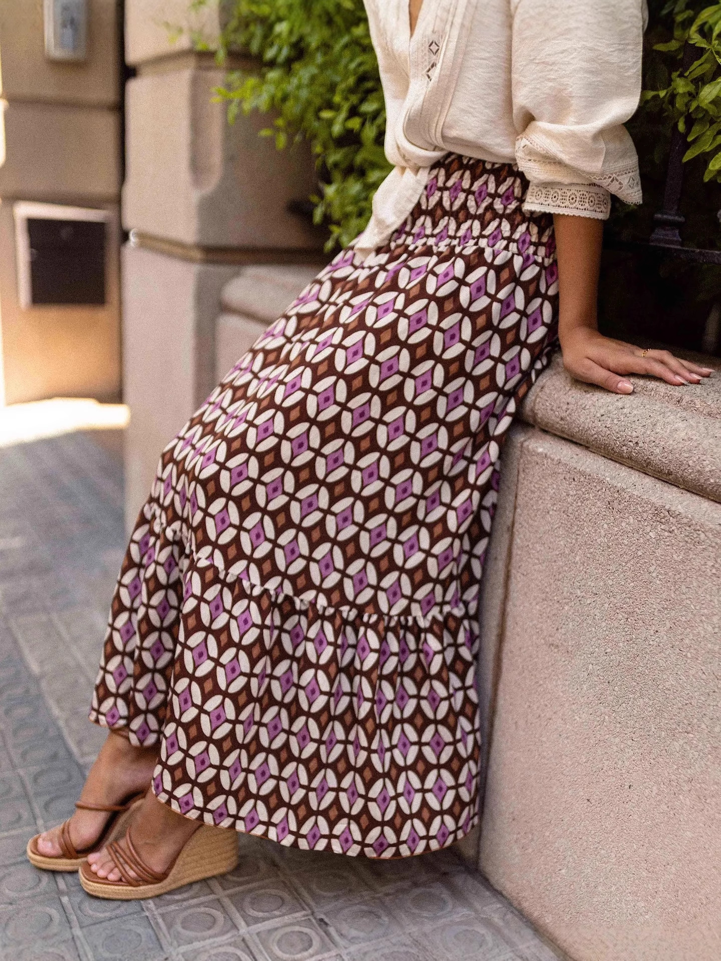 Women’s Ins Influencer Style Print Shirred Elastic Waist Flared Long Skirt