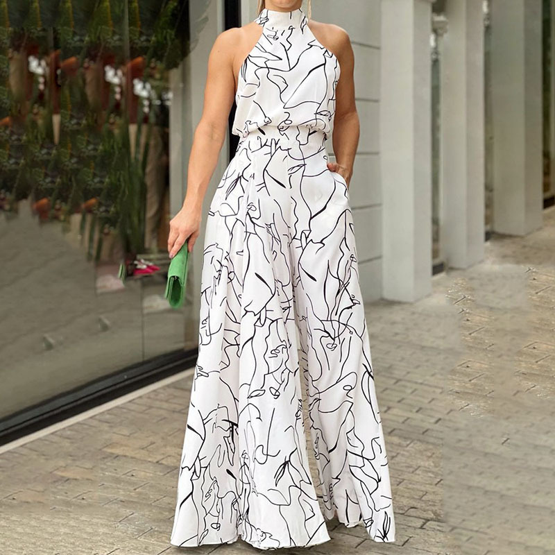 Women’s Spring New Arrival Fashion Sexy Elegant Printed Sleeveless Wide-Leg Jumpsuit