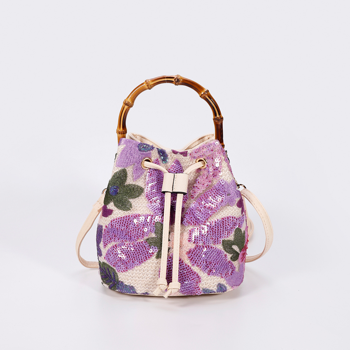 Women’s High-End Sequin Bamboo Handle Bucket Bag – New Unique Summer Trendy Embroidered Straw Woven Crossbody Bag