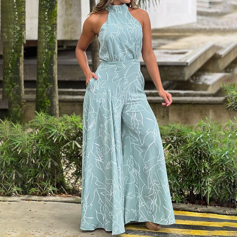 Women’s Spring New Arrival Fashion Sexy Elegant Printed Sleeveless Wide-Leg Jumpsuit