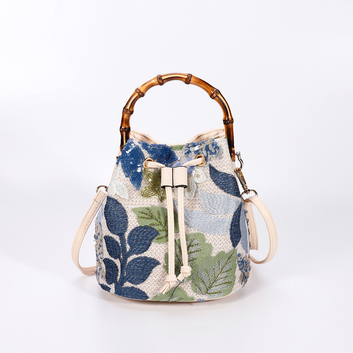 Women’s High-End Sequin Bamboo Handle Bucket Bag – New Unique Summer Trendy Embroidered Straw Woven Crossbody Bag