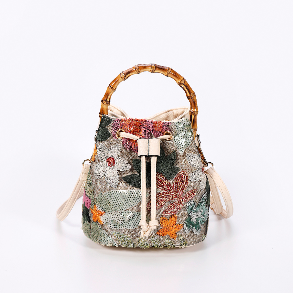 Women’s High-End Sequin Bamboo Handle Bucket Bag – New Unique Summer Trendy Embroidered Straw Woven Crossbody Bag