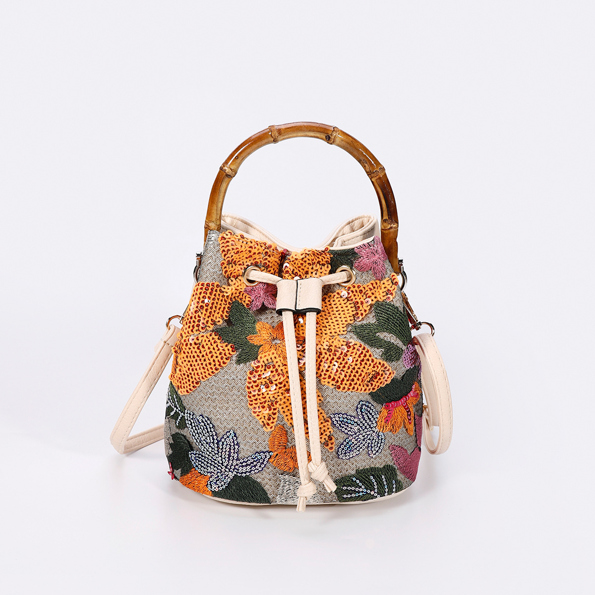Women’s High-End Sequin Bamboo Handle Bucket Bag – New Unique Summer Trendy Embroidered Straw Woven Crossbody Bag