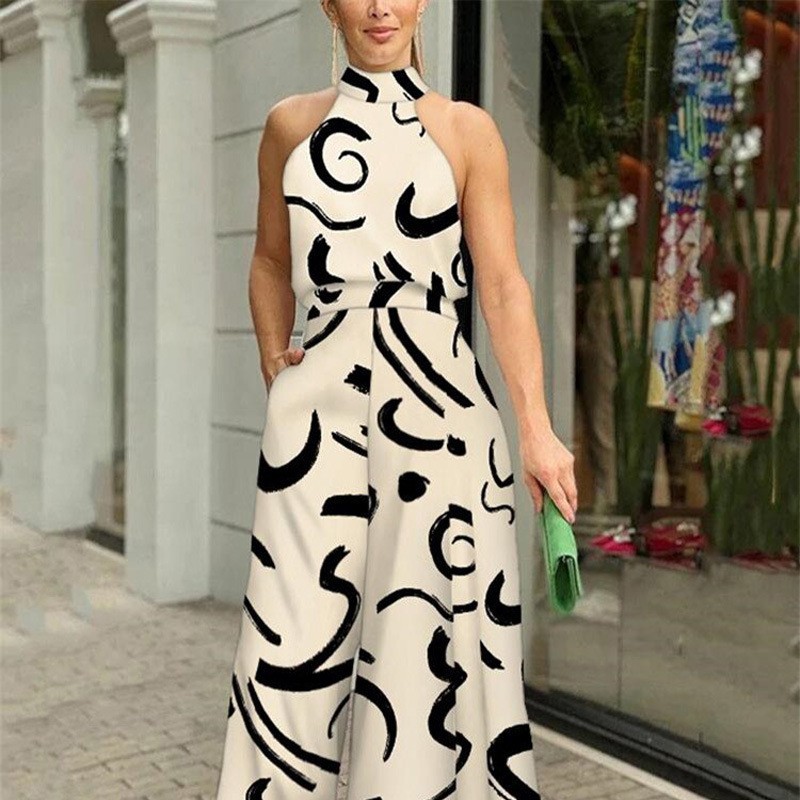 Women’s Spring New Arrival Fashion Sexy Elegant Printed Sleeveless Wide-Leg Jumpsuit