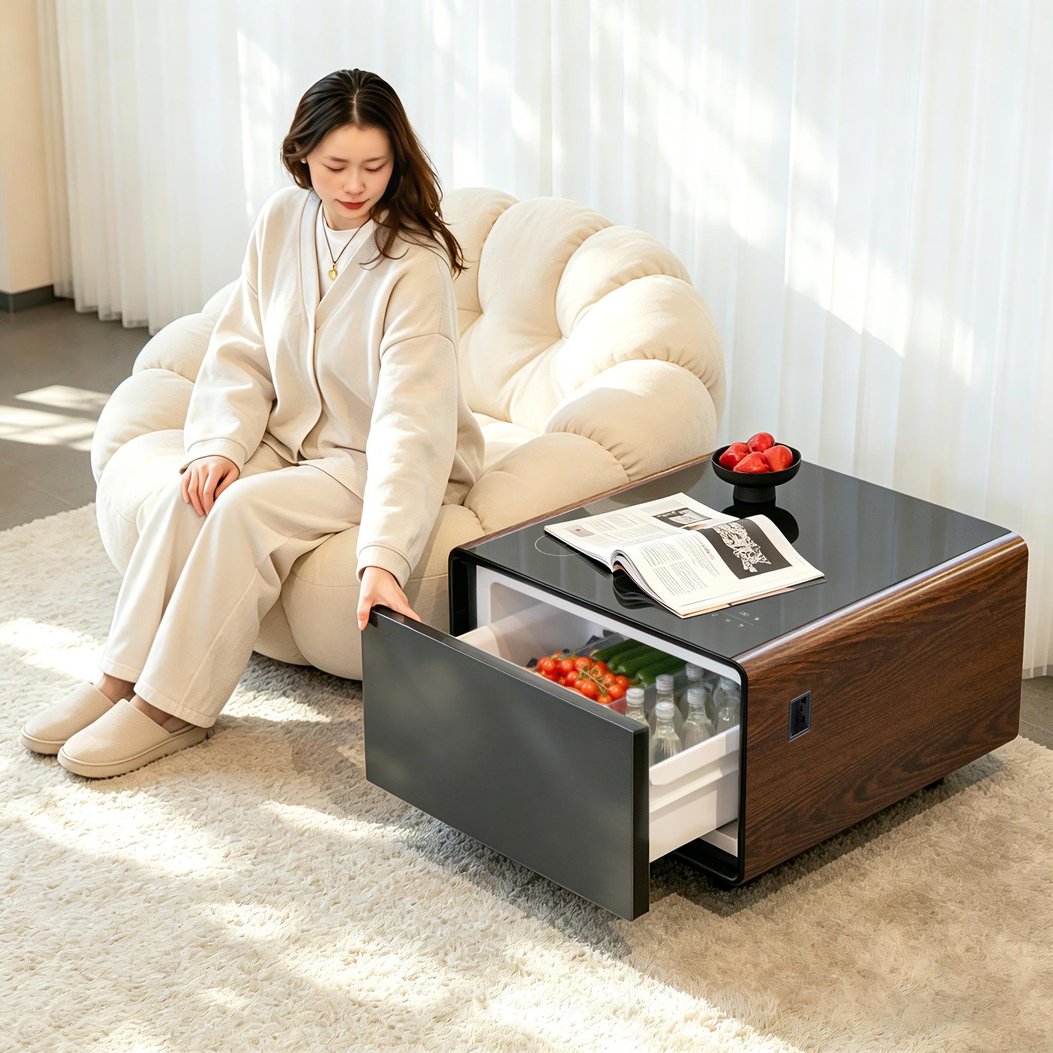 Smart Refrigerator Coffee Table with Dual Fridge, Wireless Charger & Bluetooth Speaker