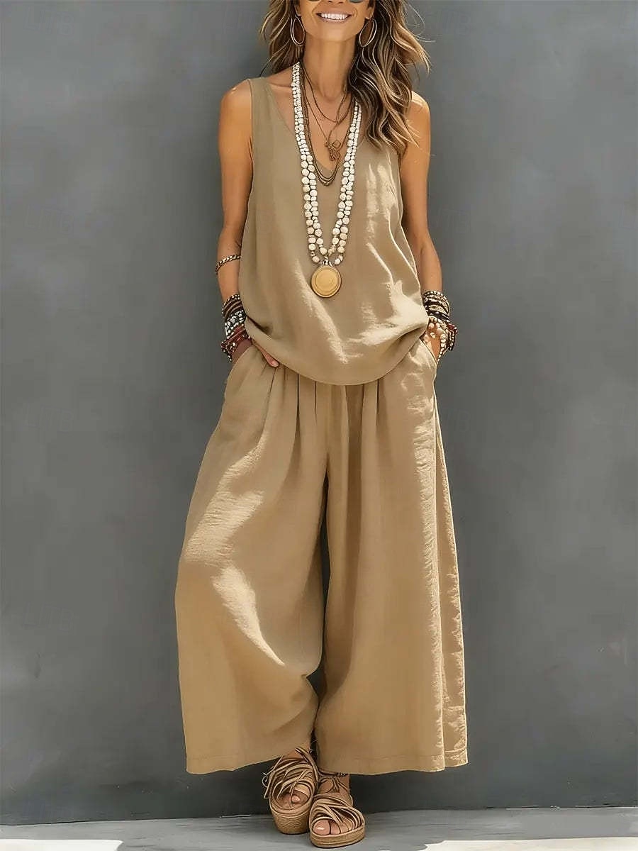 Women's Pants Sets Faux Cotton Linen Sleeveless V Neck Solid Color Elegant Fashion Streetwear Casual Daily Outdoor Blue White Brown Summer Regular Fit 2026 - $39.99 –P4