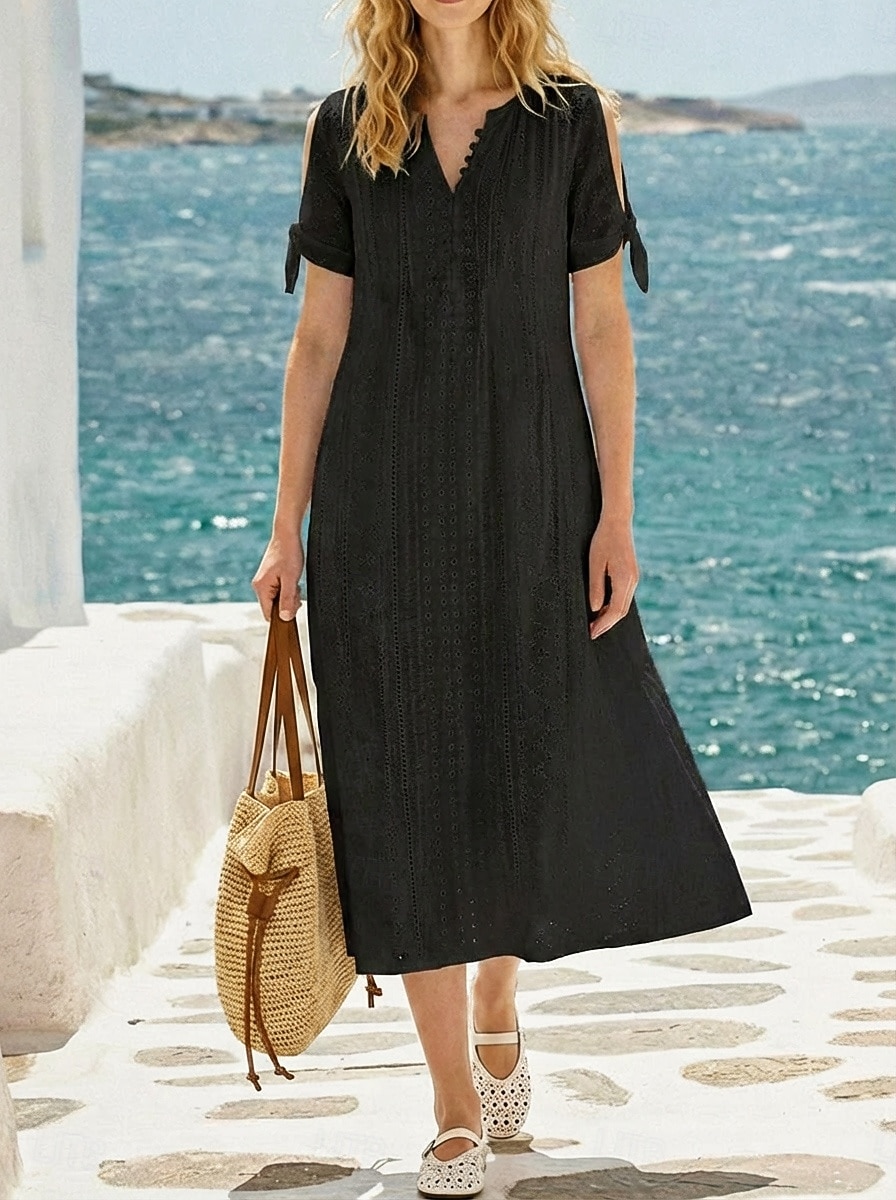 Women's Midi Dress White Dress Eyelet Dress Fashion Modern Beach Vacation Holiday Regular Fit Floral Short Sleeve V Neck Blue Black White Light Green Summer Spring 2026 - $22.99 –P2
