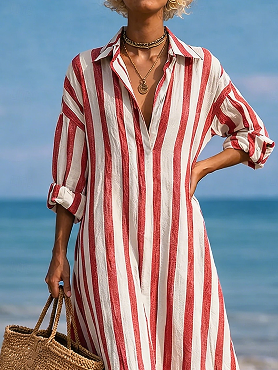 Women's Maxi long Dress Faux Cotton Linen Dress Shirt Dress Casual Dress Fashion Modern Daily Vacation Going out Loose Fit Striped Long Sleeve V Neck Blue Black Pink Red Spring Fall 2026 - $29.99 –P3