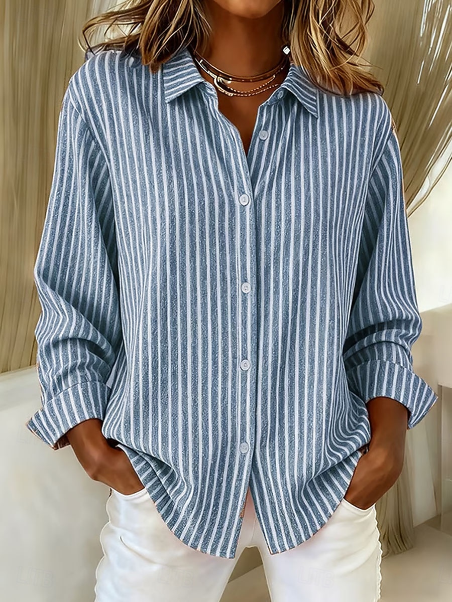 Women's Casual Shirt Button Up Shirt Blouse Print Striped Elegant Vacation Vintage Long Sleeve Turndown Regular Tops Outdoor Work Blue Green Khaki Gray Spring Fall Winter 2026 - $36.99 –P1