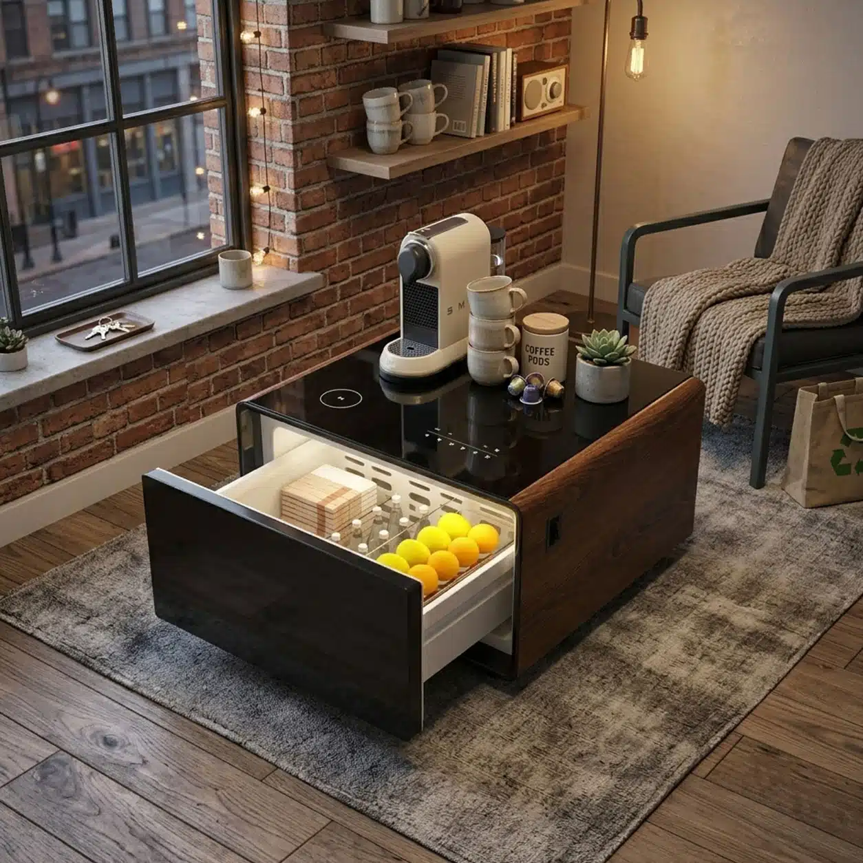 Smart Refrigerator Coffee Table with Dual Fridge, Wireless Charger & Bluetooth Speaker