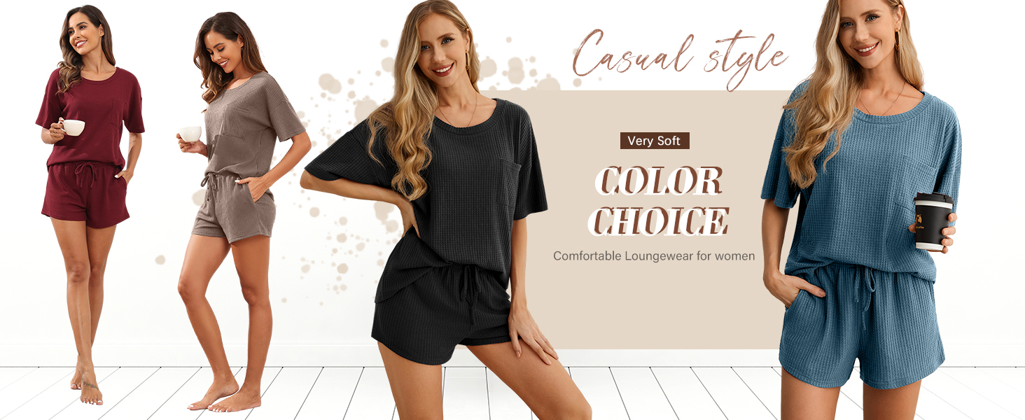 Pajamas Set for Women Waffle Knit Lounge Set 2 Piece Outfits Loungewear Sweatsuit
