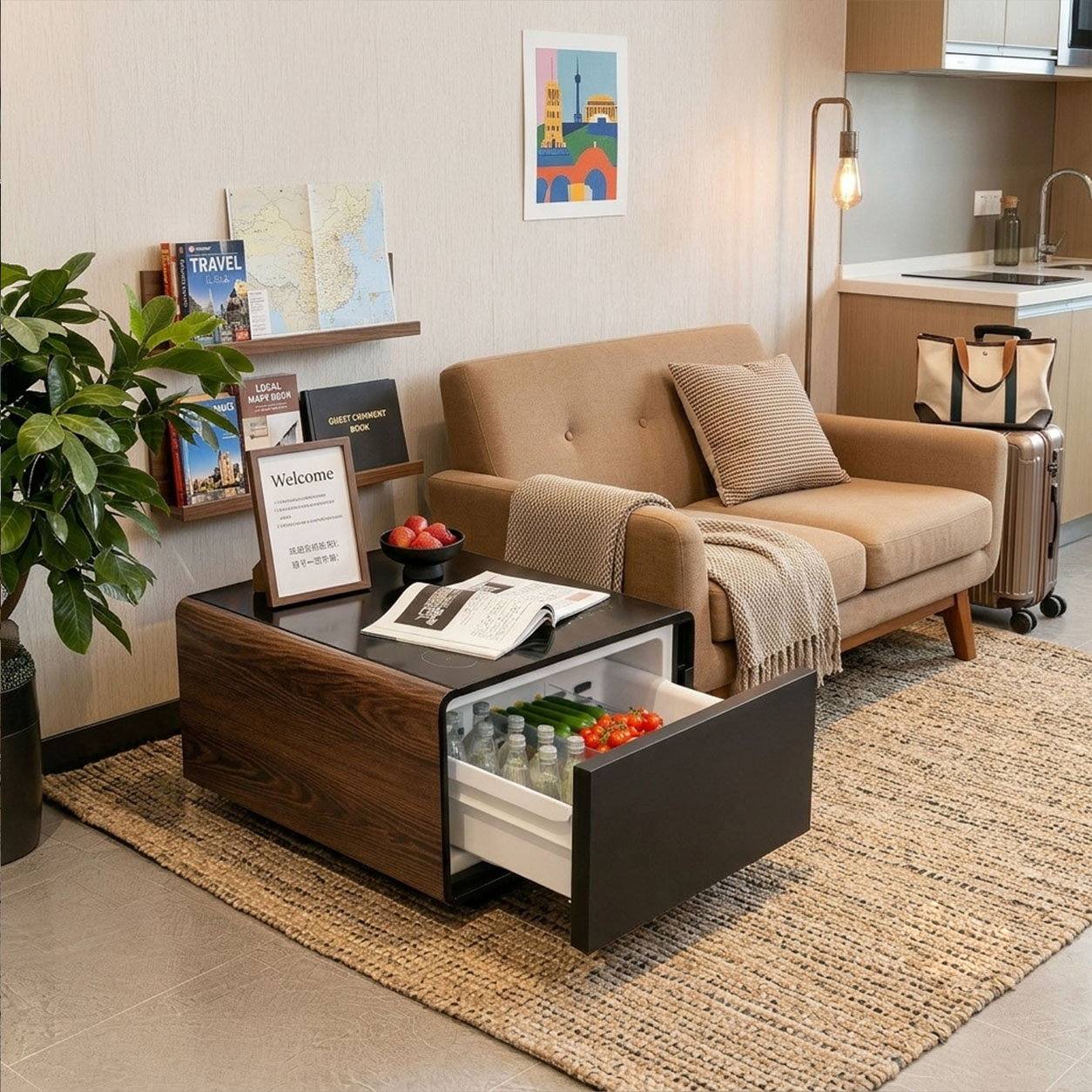 Smart Refrigerator Coffee Table with Dual Fridge, Wireless Charger & Bluetooth Speaker
