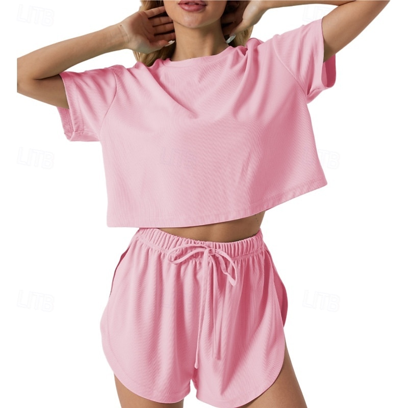 Women's Two Piece Sets Shorts Sets Short Sleeve Crew Neck Solid Color Fashion Streetwear Casual Daily Outdoor Light Green Pink Green Summer Regular Fit 2026 - $28.99 –P3