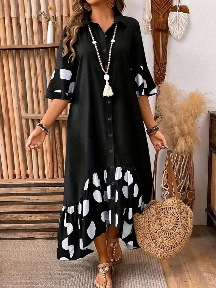 Women's Midi Dress A Line Dress Summer Dress Casual Daily Loose Fit Graphic Geometric 3/4 Length Sleeve Lapel Black Green Gray Summer 2026 - $44.99 –P8