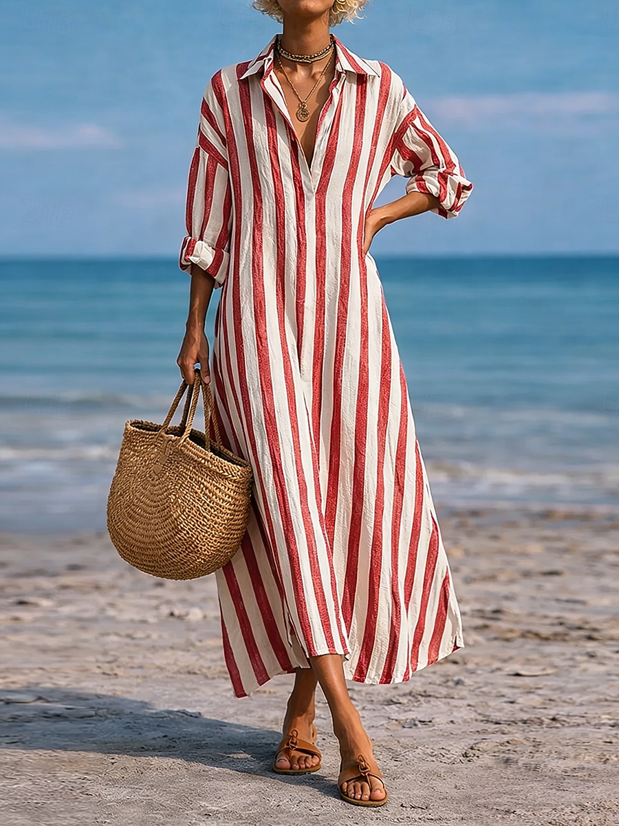 Women's Maxi long Dress Faux Cotton Linen Dress Shirt Dress Casual Dress Fashion Modern Daily Vacation Going out Loose Fit Striped Long Sleeve V Neck Blue Black Pink Red Spring Fall 2026 - $29.99 –P2