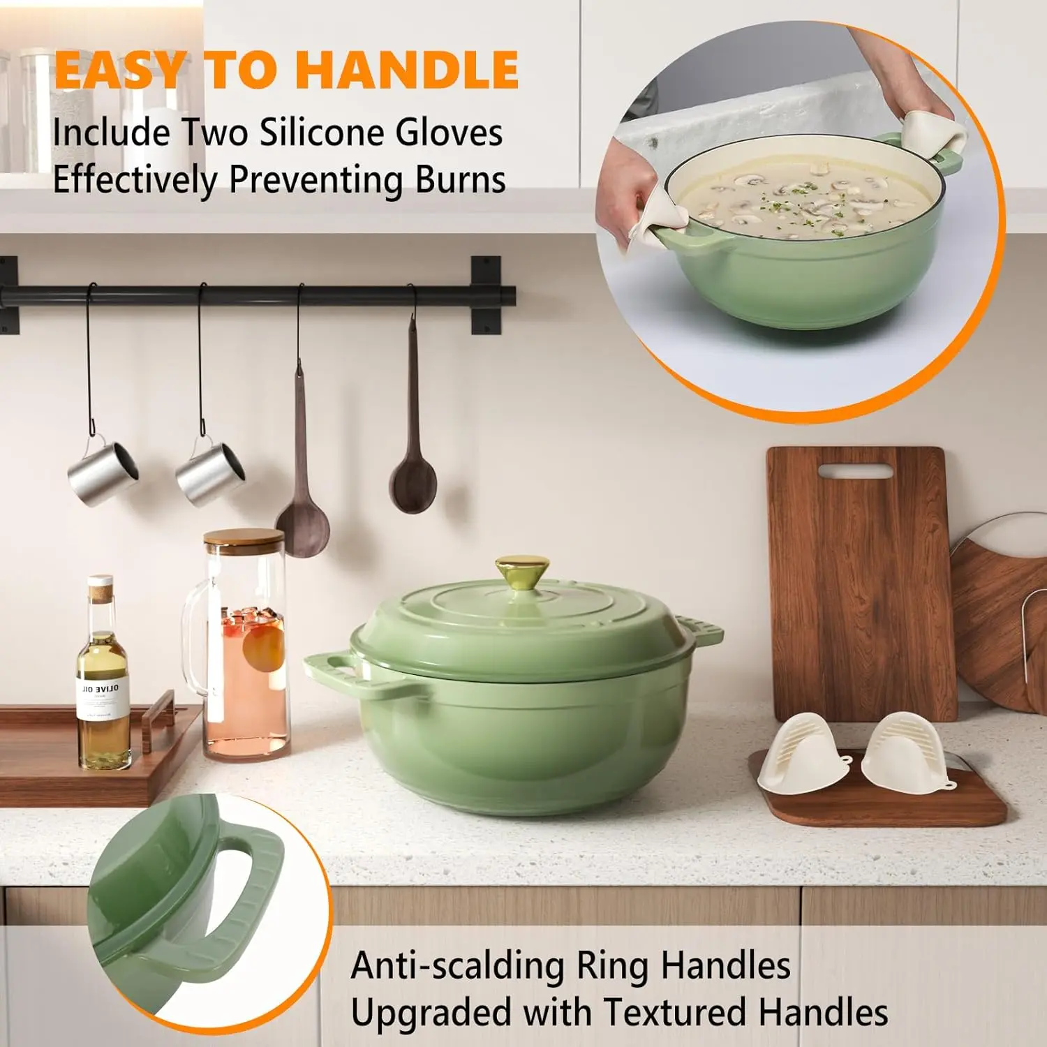 JJJSHOP Enameled Cast Iron Round Dutch Oven, 5/6/7.5QT Pot with Lid &Dual Handles with Silicone Gloves,Oven Safe up to 500°F, Heavy-Duty Pre-Seasoned Cookware for Bread Baking, Braising, Stews, Roasting,TikTokShopBlackFriday